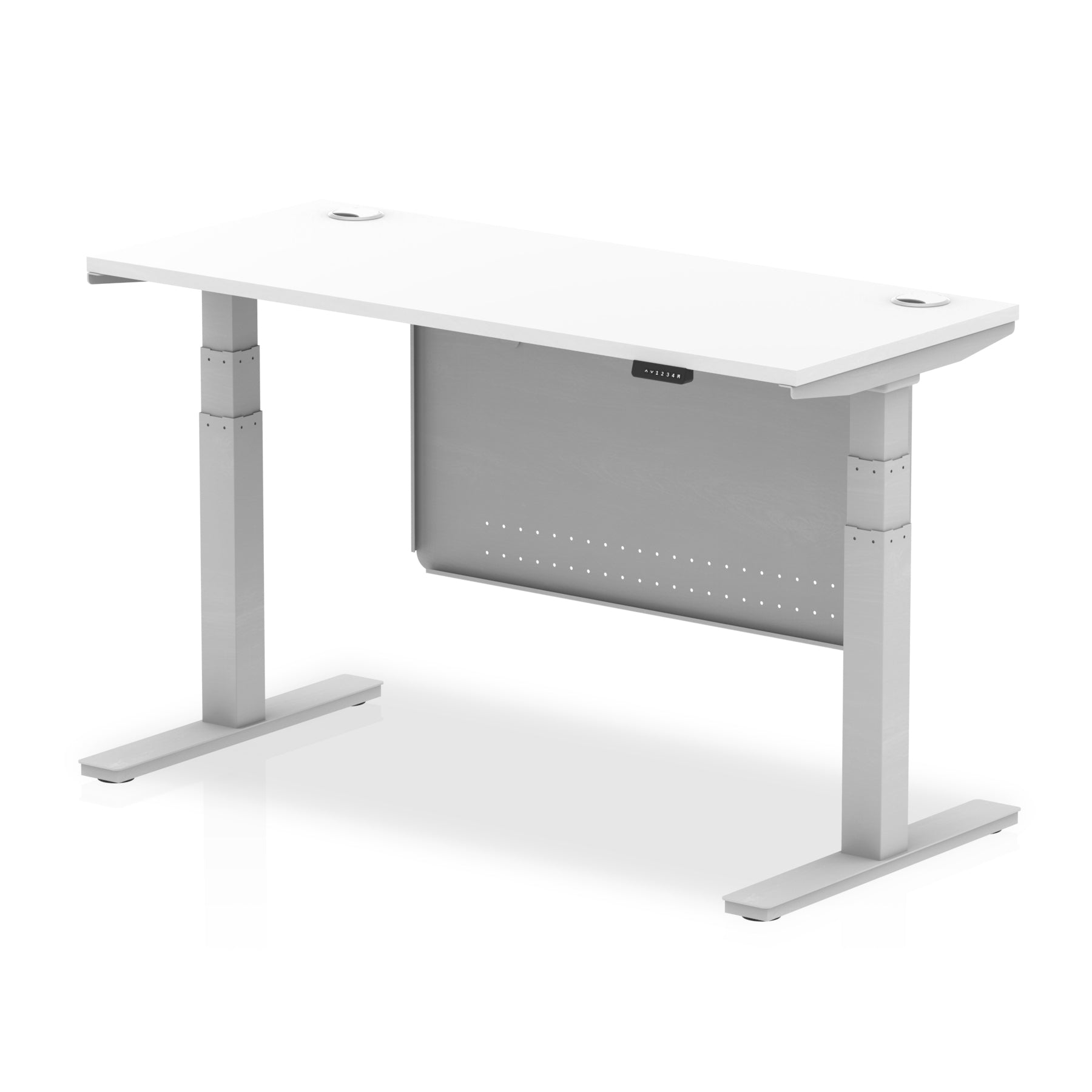 Height-adjustable desk with white top and metal legs on a white background