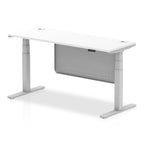 Height-adjustable desk with white top and metal legs on a white background