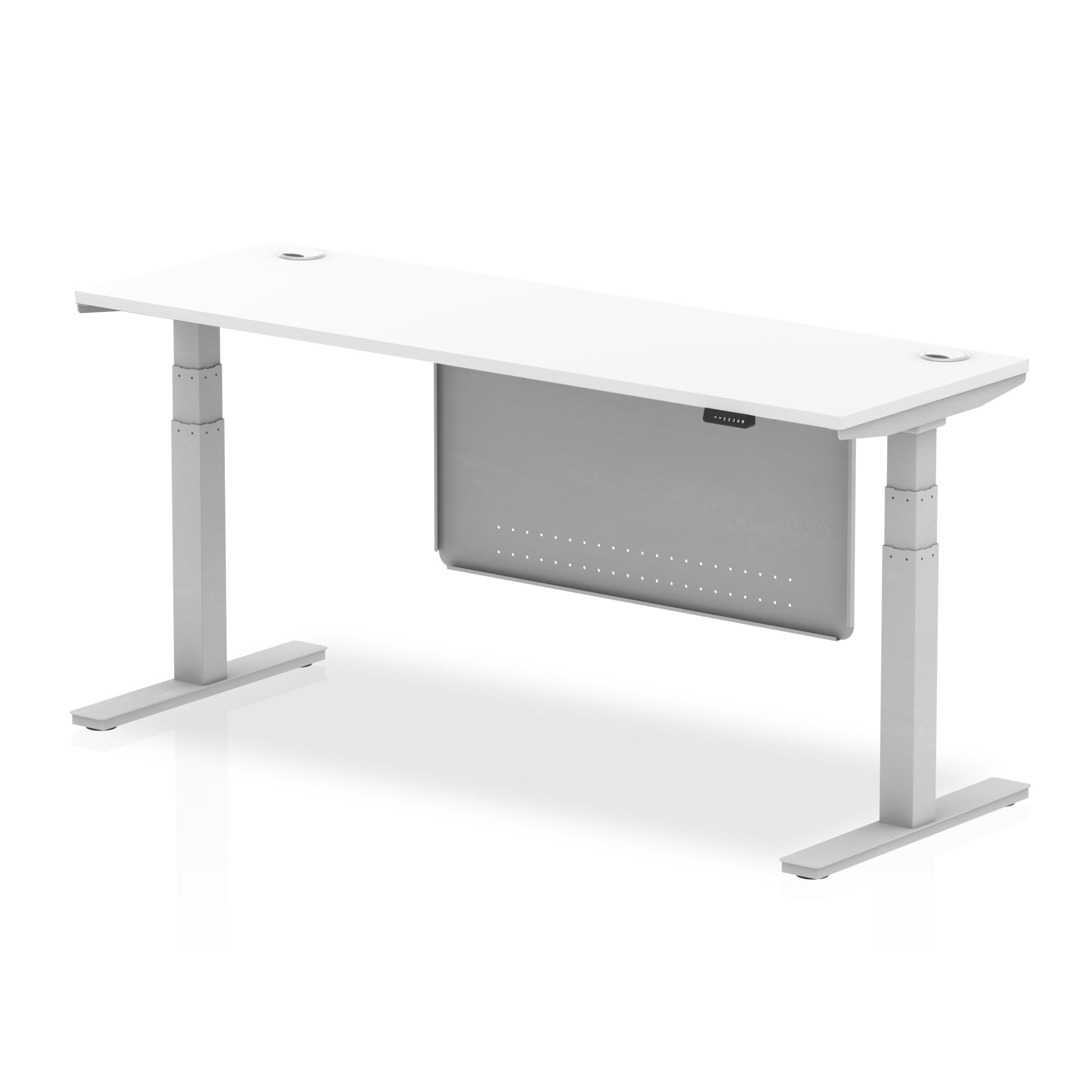Height-adjustable desk with white top and metal legs on a white background
