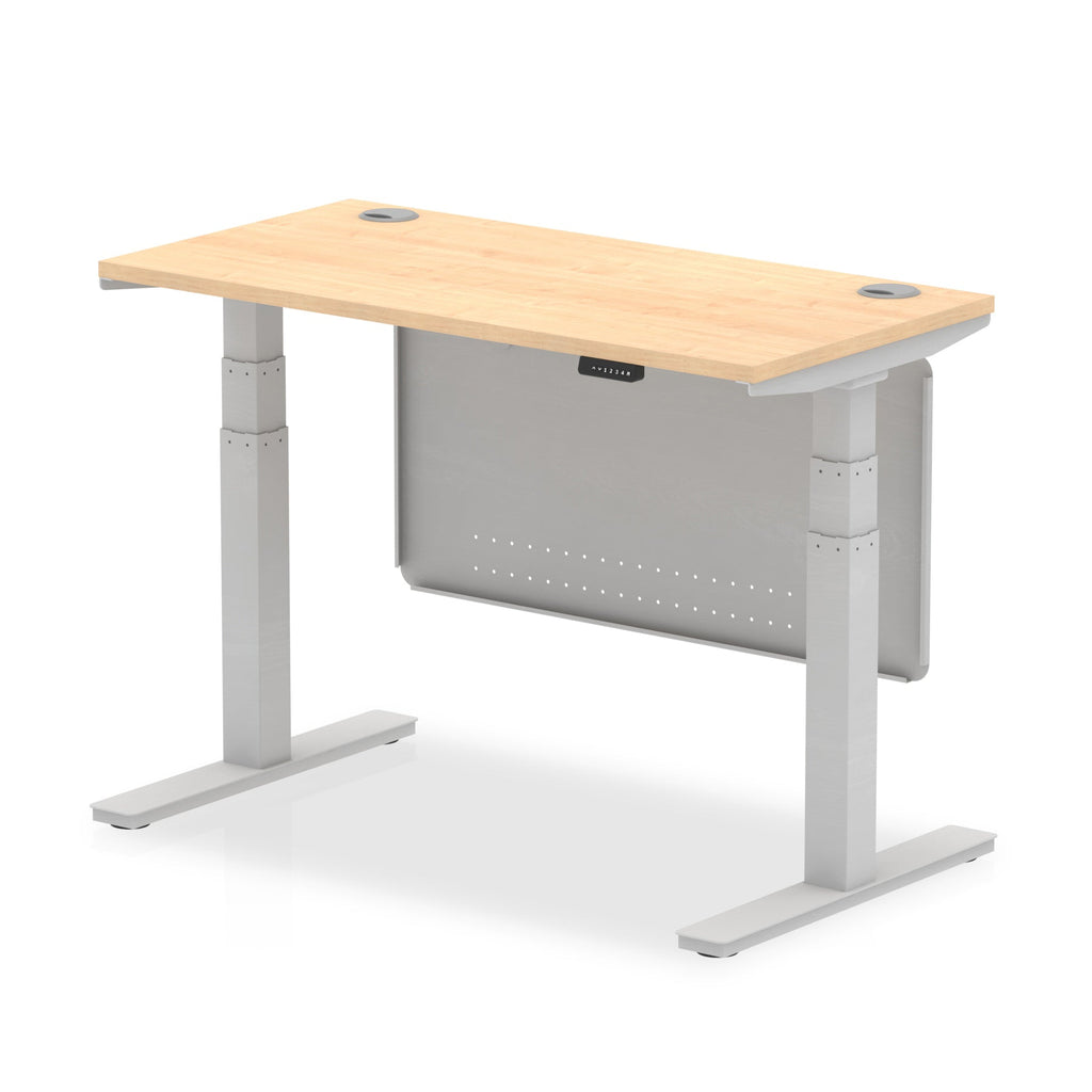 Height-adjustable desk with wood-effect top and metal legs on a white background