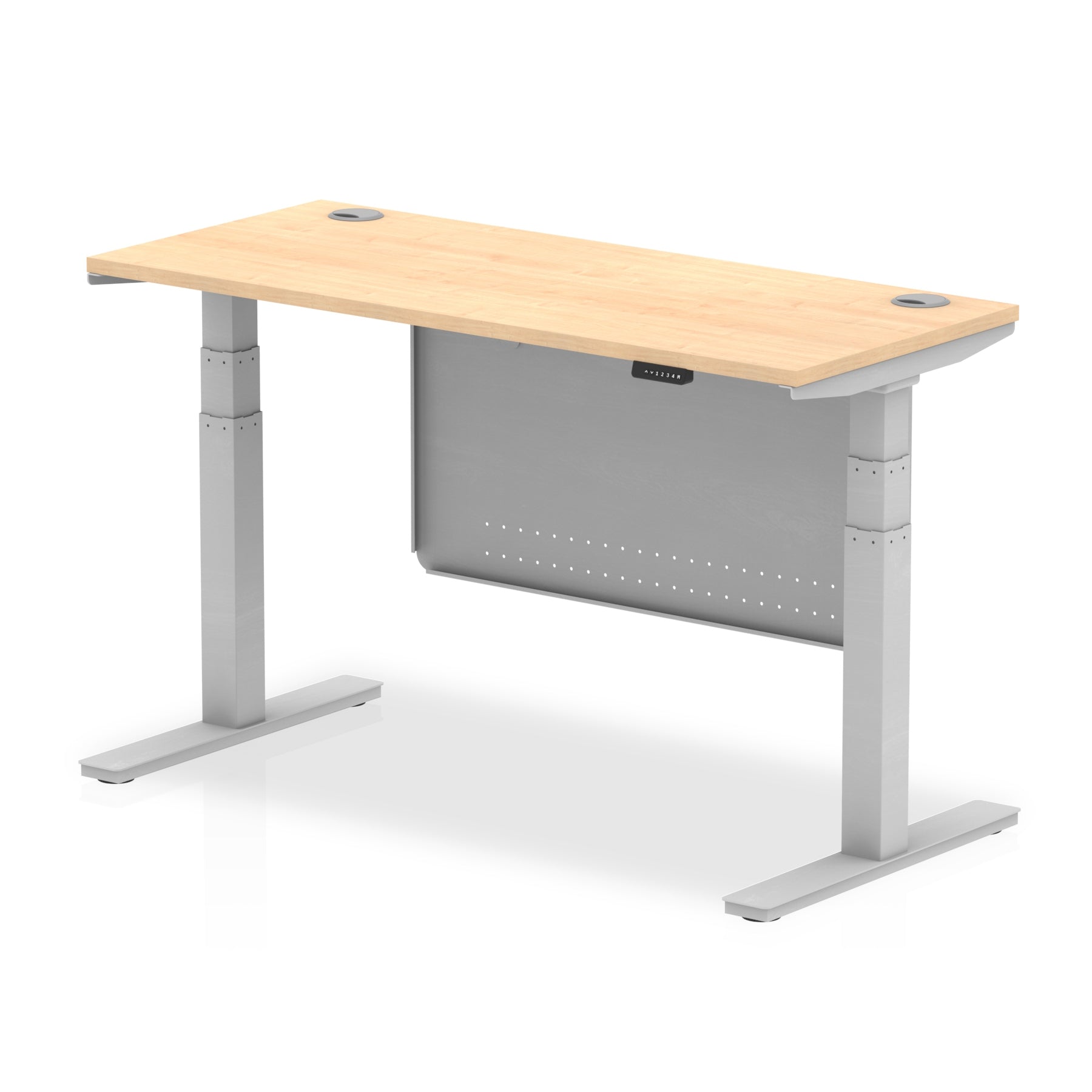 Height-adjustable desk with wood-effect top and metal legs on a white background