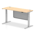 Height-adjustable desk with wood-effect top and metal legs on a white background