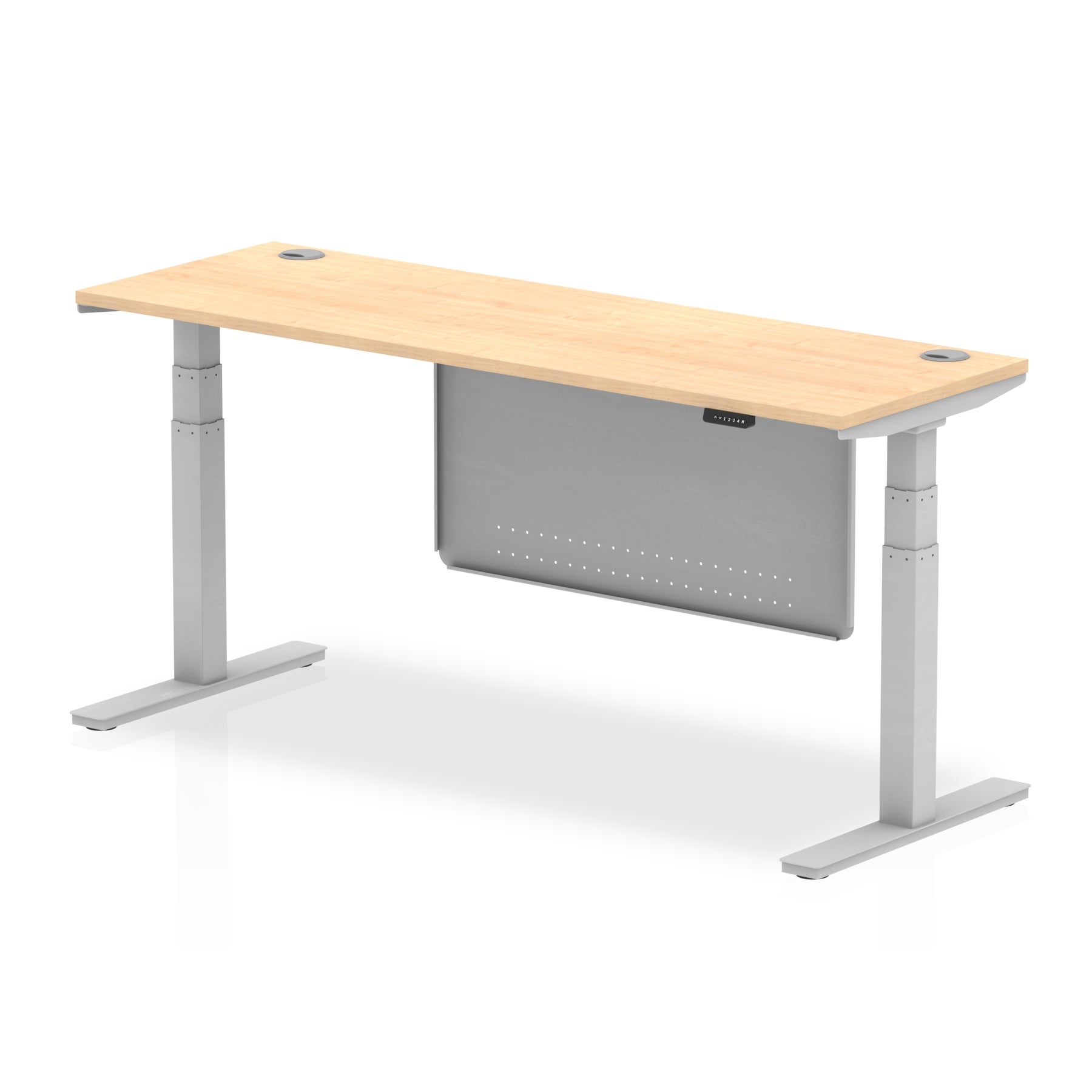 Height-adjustable desk with wood-effect top and metal legs on a white background