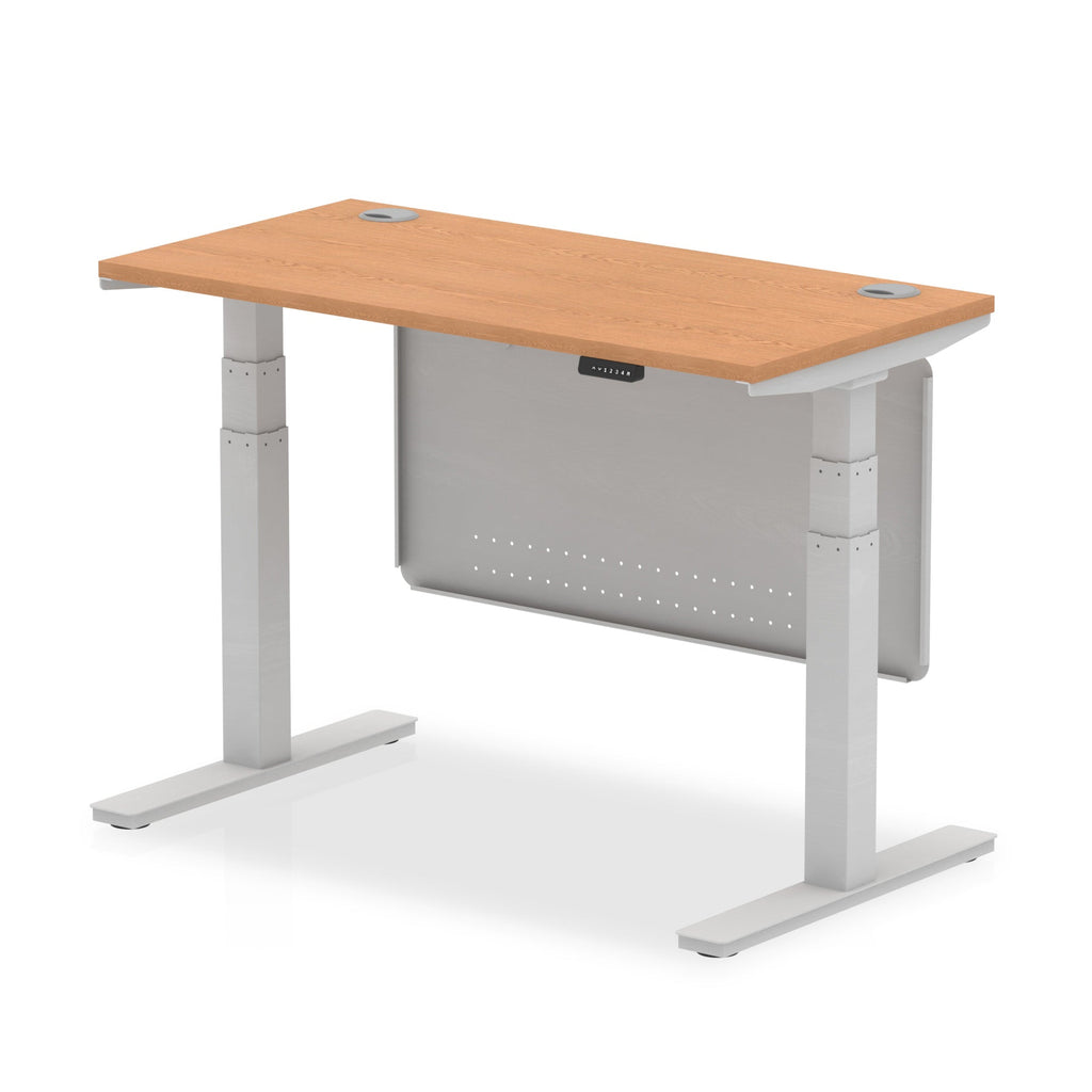 Height-adjustable desk with wood-effect top and metal legs on a white background