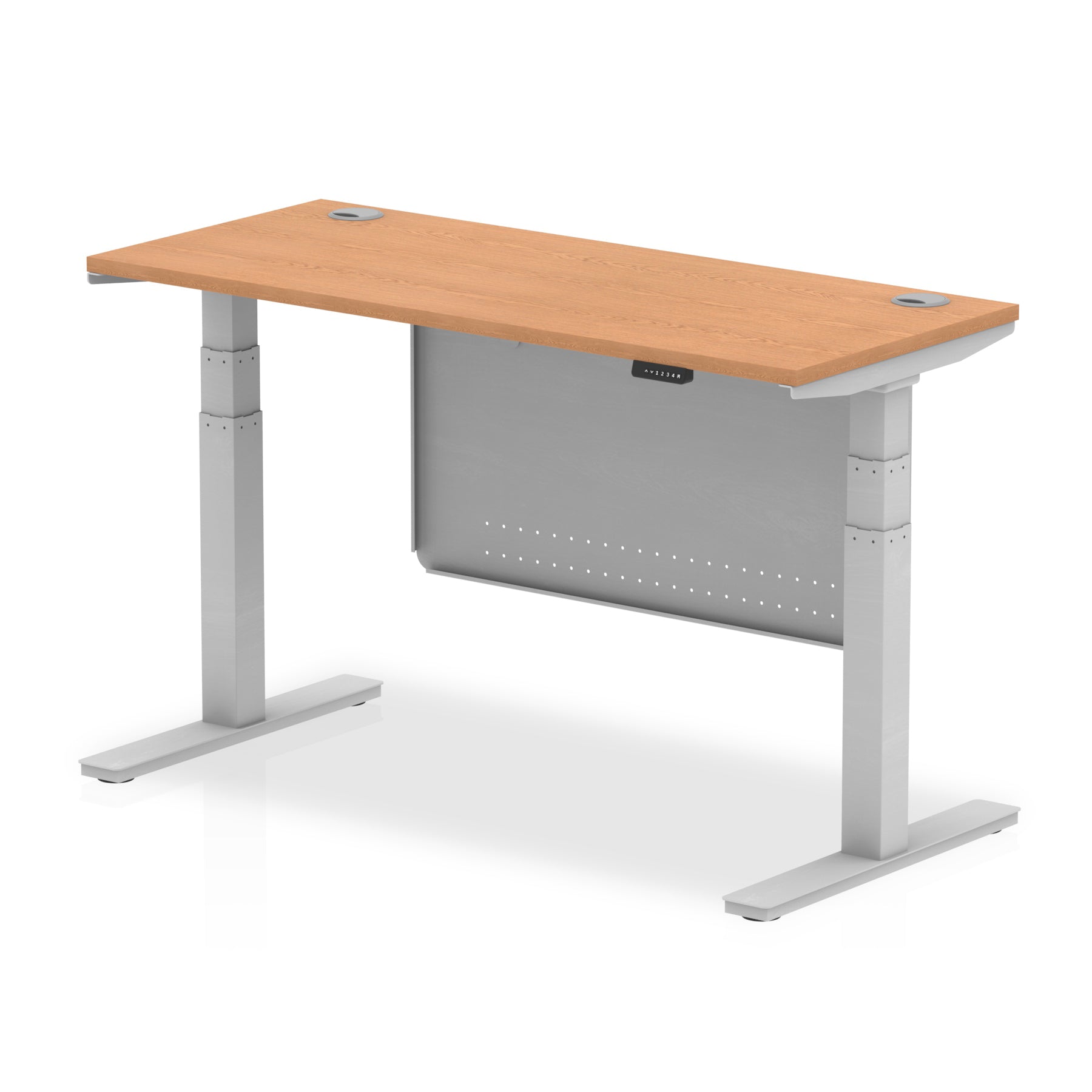 Height-adjustable desk with wood-effect top and metal legs on a white background
