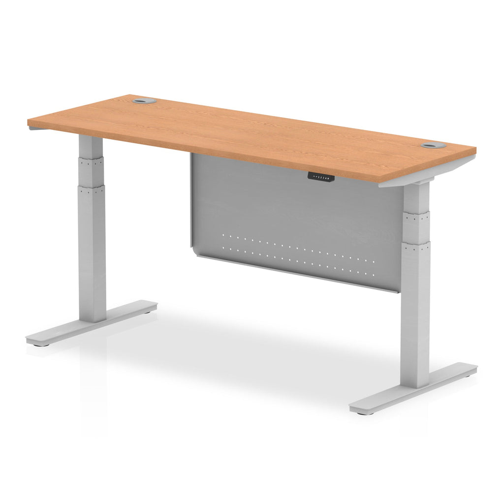Height-adjustable desk with wood-effect top and metal legs on a white background