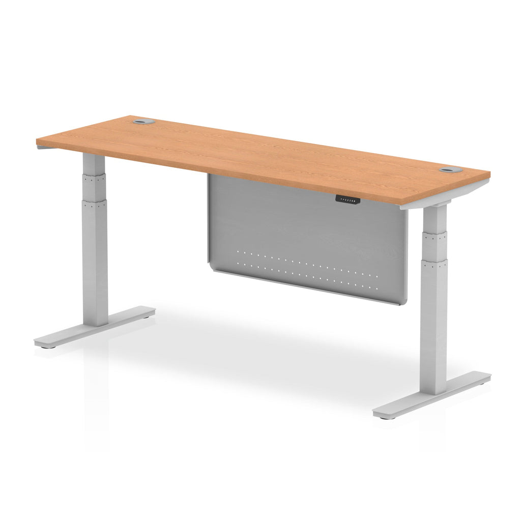 Height-adjustable desk with wood-effect top and metal legs on a white background