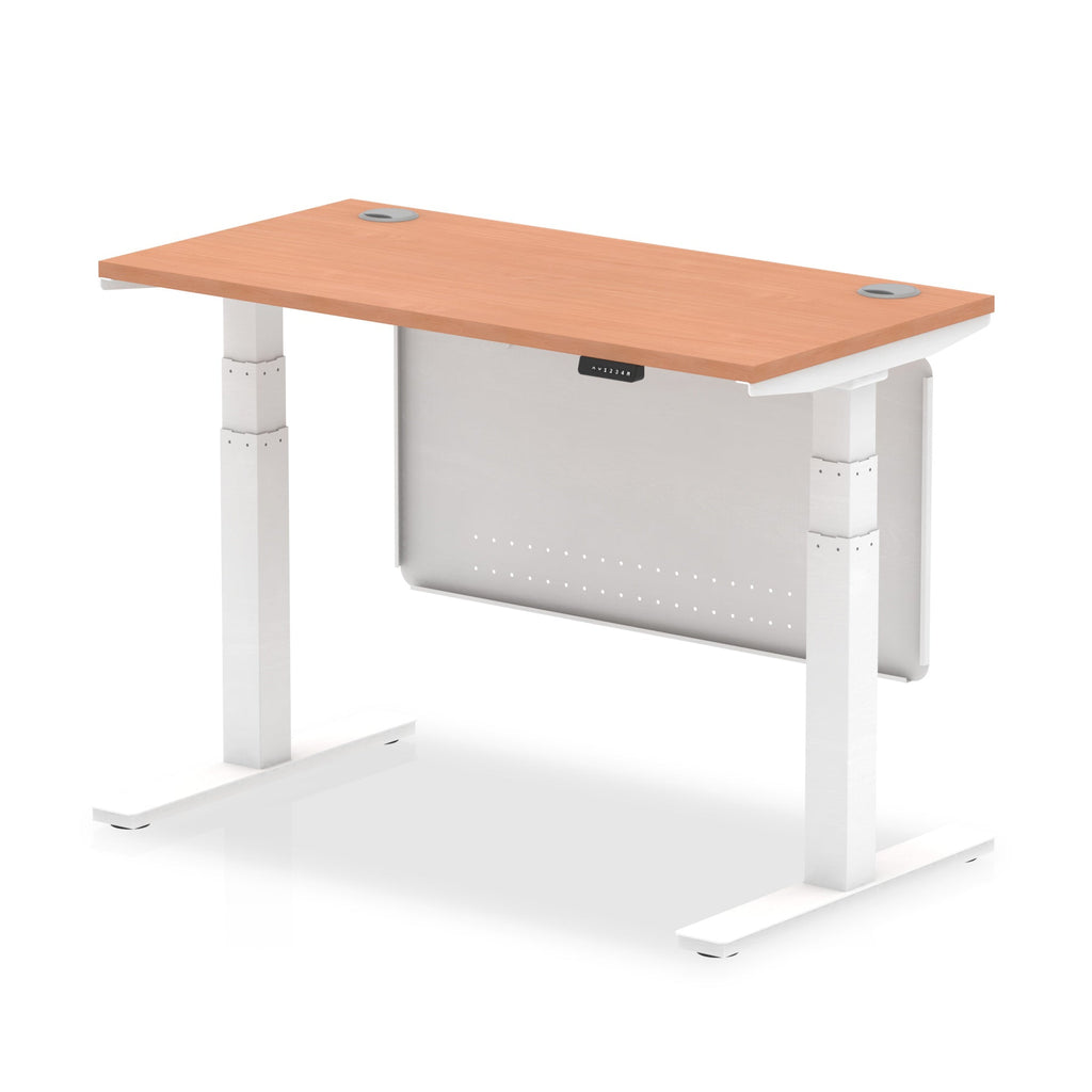 Height-adjustable desk with wood-effect top and metal legs on a white background