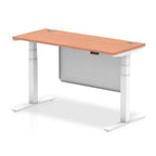 Height-adjustable desk with wood-effect top and metal legs on a white background