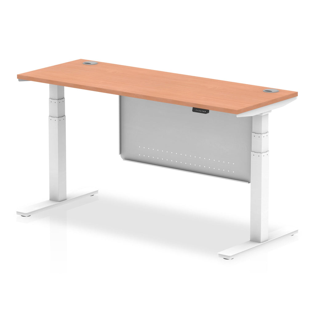 Height-adjustable desk with wood-effect top and metal legs on a white background