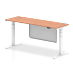Height-adjustable desk with wood-effect top and metal legs on a white background