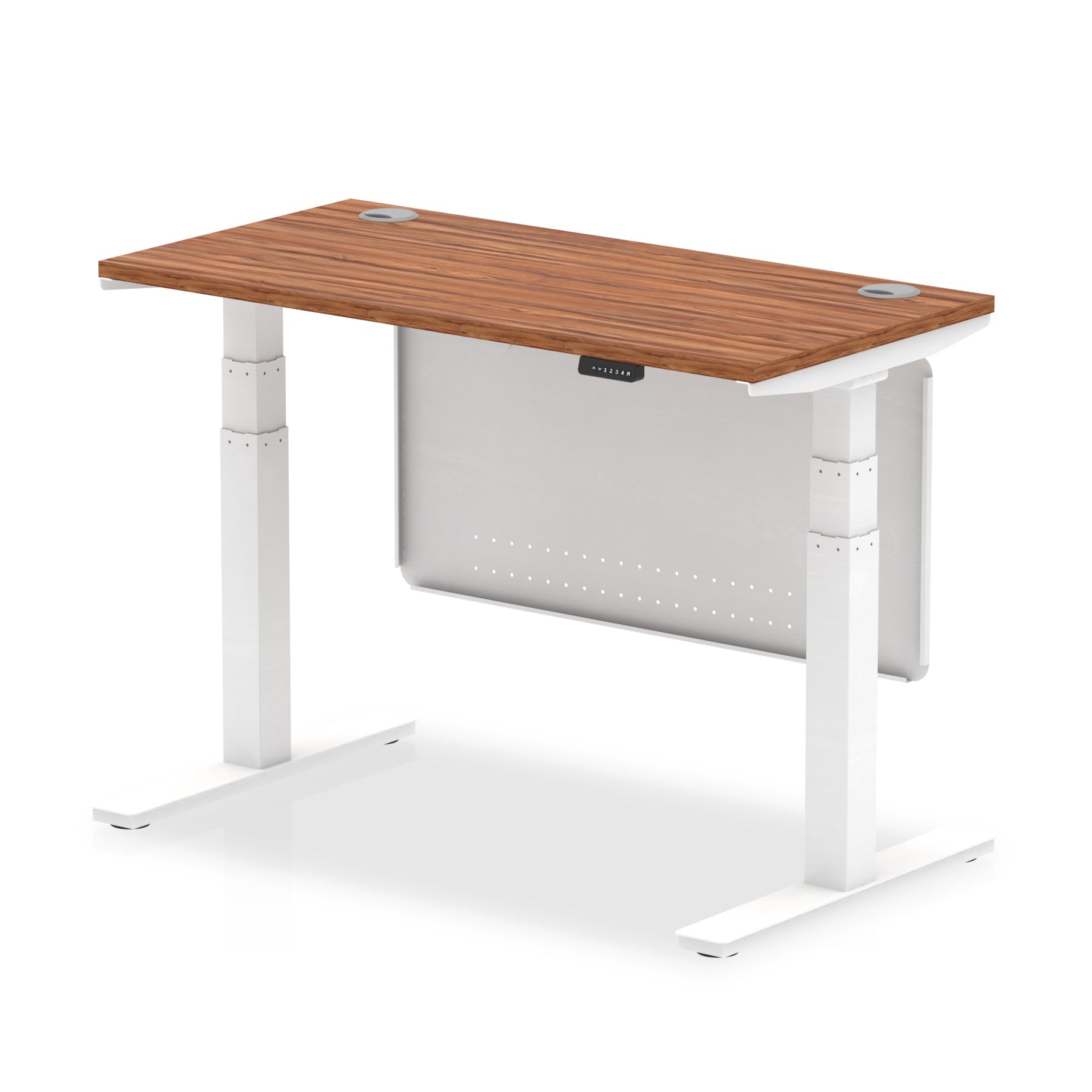 Height-adjustable desk with wood-effect top and metal legs on a white background