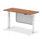 Height-adjustable desk with wood-effect top and metal legs on a white background