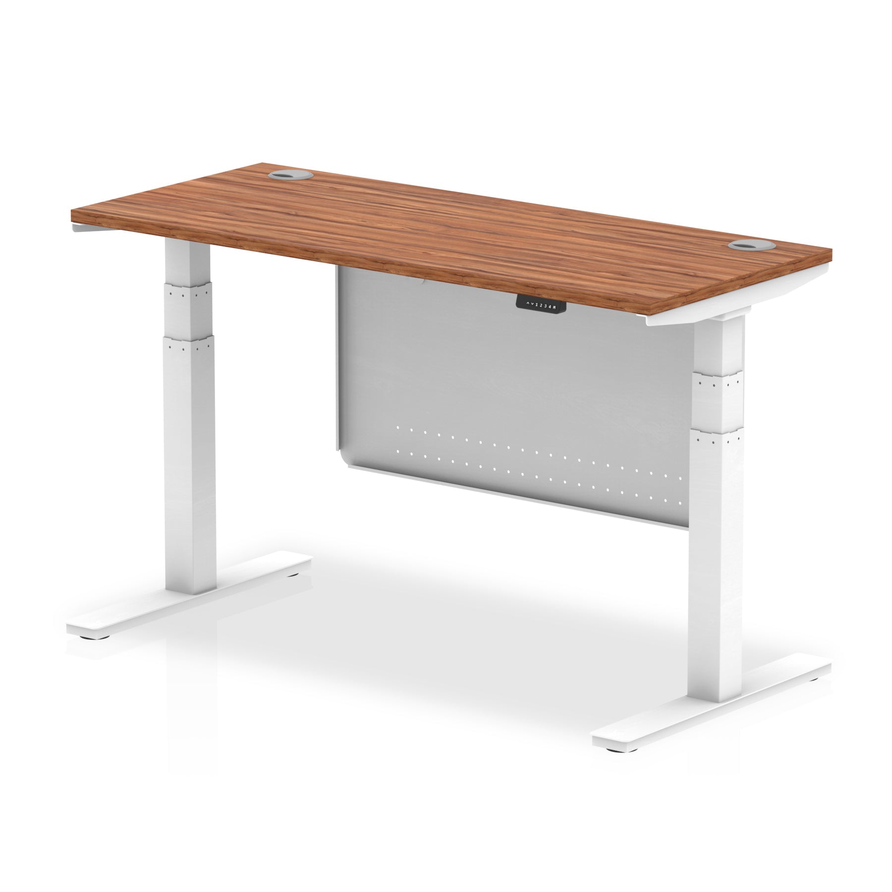 Height-adjustable desk with wood-effect top and metal legs on a white background