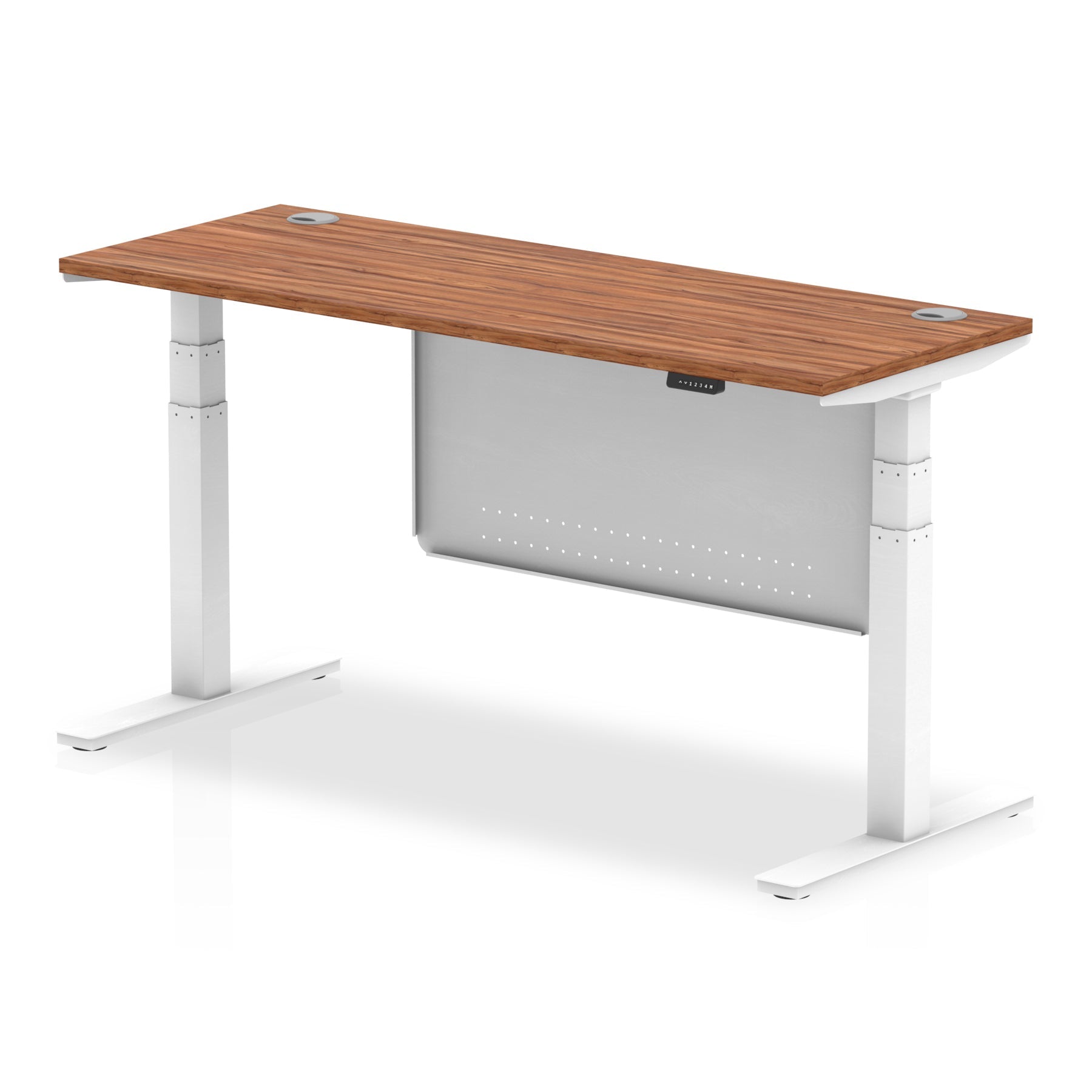 Height-adjustable desk with wood-effect top and metal legs on a white background