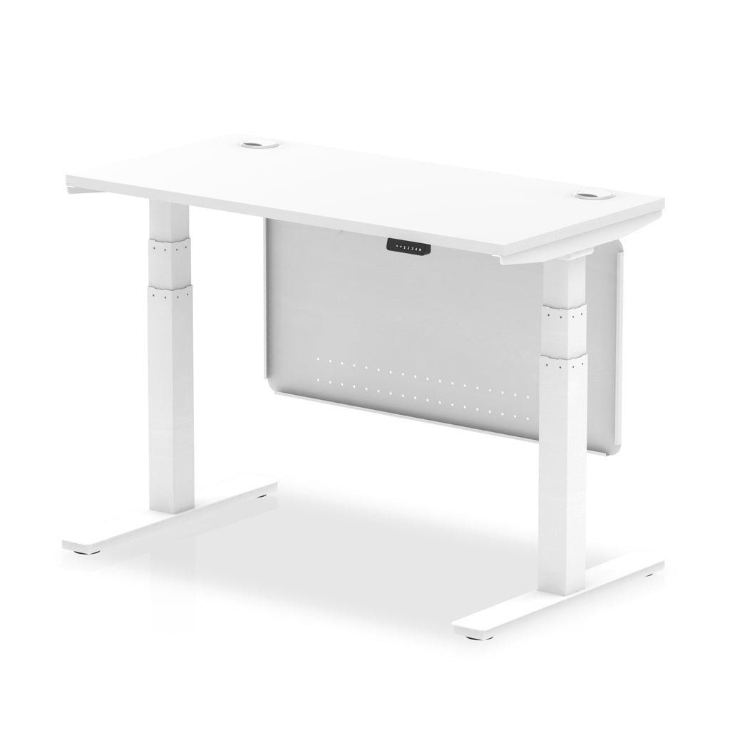 Height-adjustable desk with white top and metal legs on a white background