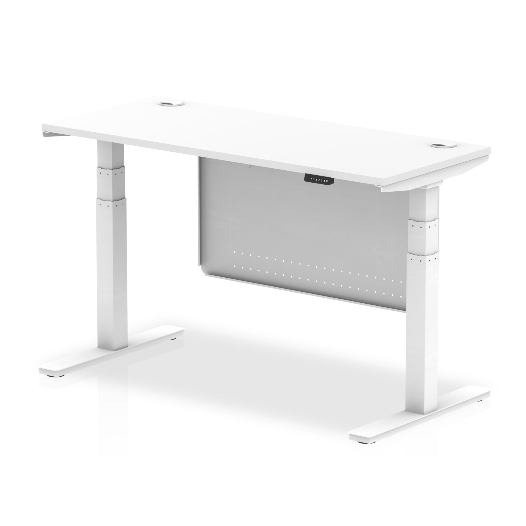 Height-adjustable desk with white top and metal legs on a white background