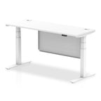 Height-adjustable desk with white top and metal legs on a white background