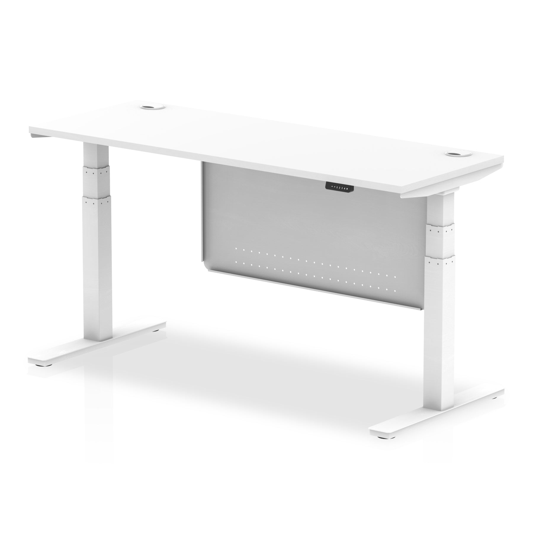 Height-adjustable desk with white top and metal legs on a white background