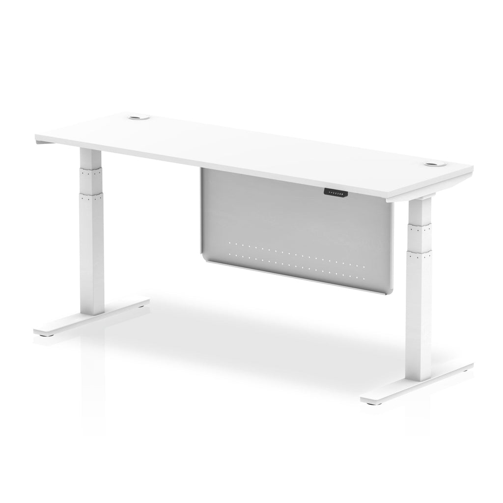 Height-adjustable desk with white top and metal legs on a white background