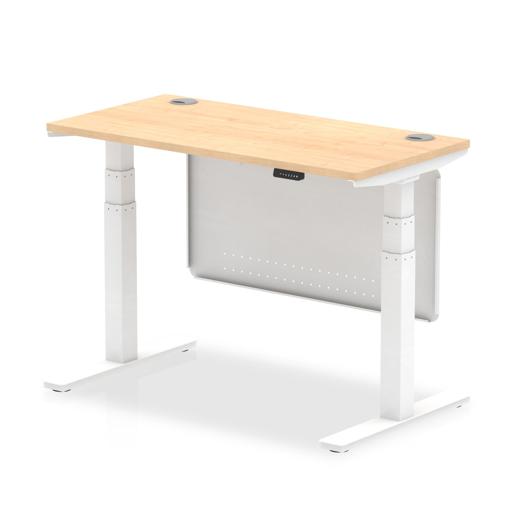 Height-adjustable desk with wood-effect top and metal legs on a white background