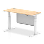 Height-adjustable desk with wood-effect top and metal legs on a white background