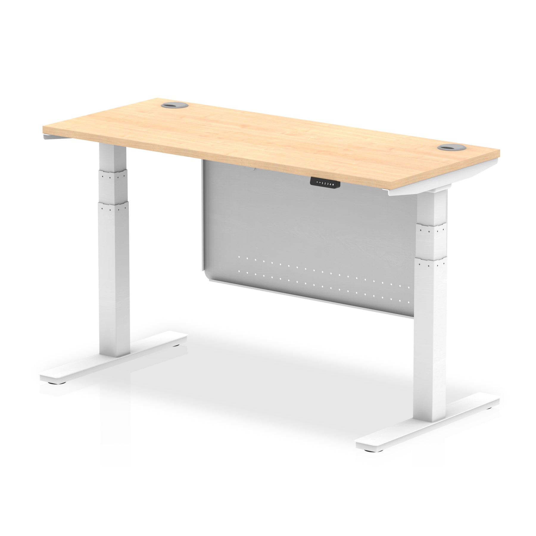 Height-adjustable desk with wood-effect top and metal legs on a white background