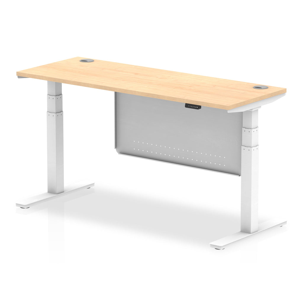 Height-adjustable desk with wood-effect top and metal legs on a white background