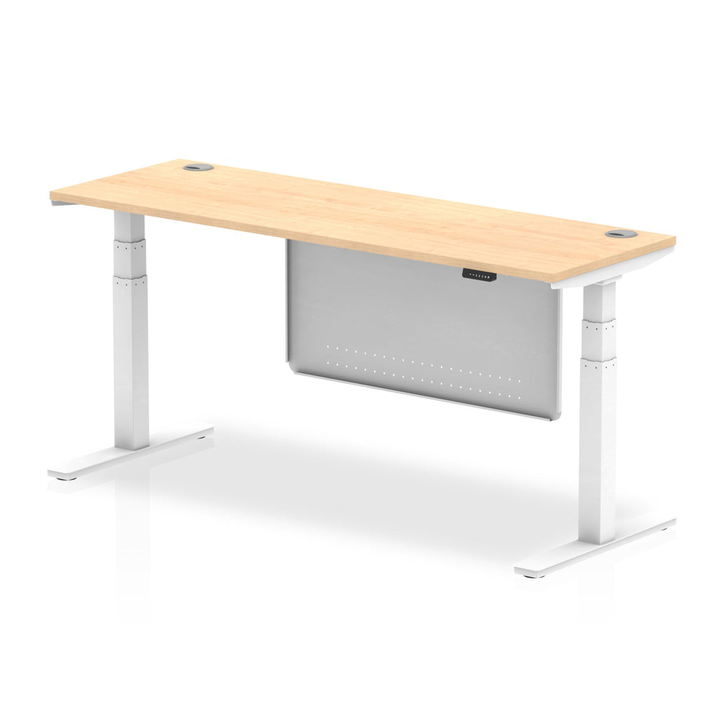 Height-adjustable desk with wood-effect top and metal legs on a white background