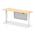 Height-adjustable desk with wood-effect top and metal legs on a white background