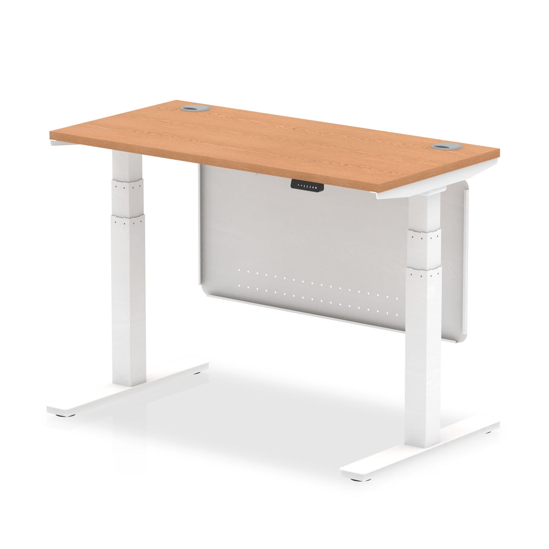 Height-adjustable desk with wood-effect top and metal legs on a white background