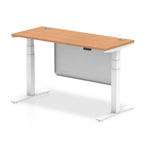 Height-adjustable desk with wood-effect top and metal legs on a white background