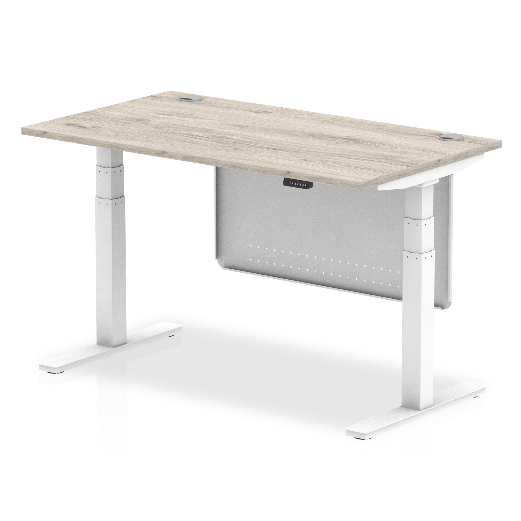 Adjustable height desk with wood-effect top and metal legs with modesty panel on a white background