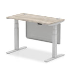 Height-adjustable desk with wood-effect top and metal legs on a white background
