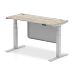 Height-adjustable desk with wood-effect top and metal legs on a white background