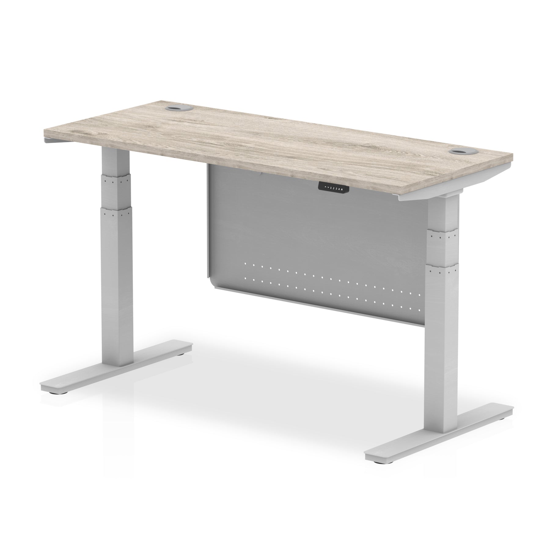 Height-adjustable desk with wood-effect top and metal legs on a white background