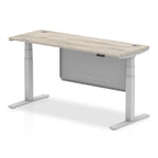 Height-adjustable desk with wood-effect top and metal legs on a white background