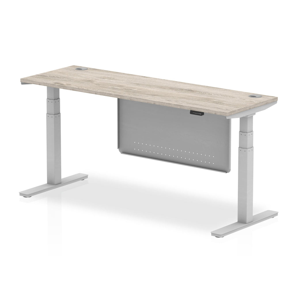Height-adjustable desk with wood-effect top and metal legs on a white background