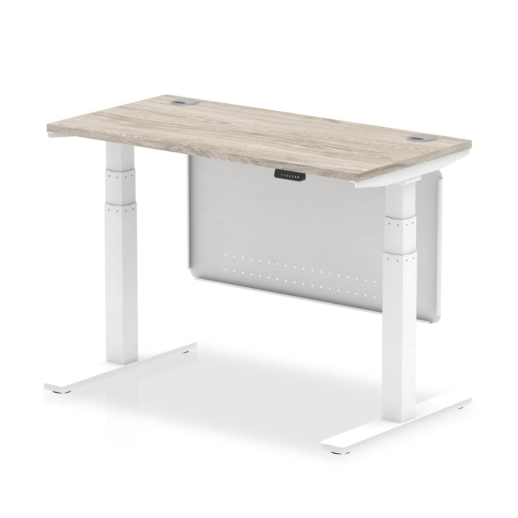 Height-adjustable desk with wood-effect top and metal legs on a white background