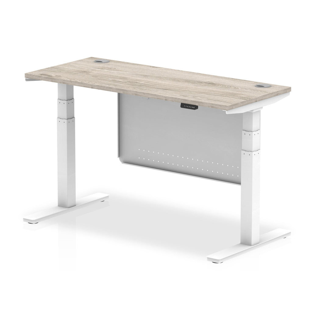 Height-adjustable desk with wood-effect top and metal legs on a white background