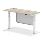 Height-adjustable desk with wood-effect top and metal legs on a white background
