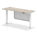Height-adjustable desk with wood-effect top and metal legs on a white background