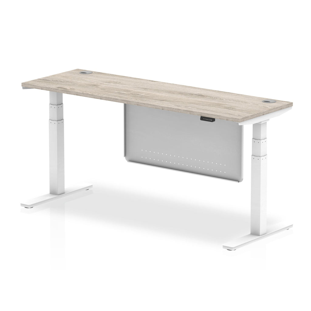 Height-adjustable desk with wood-effect top and metal legs on a white background