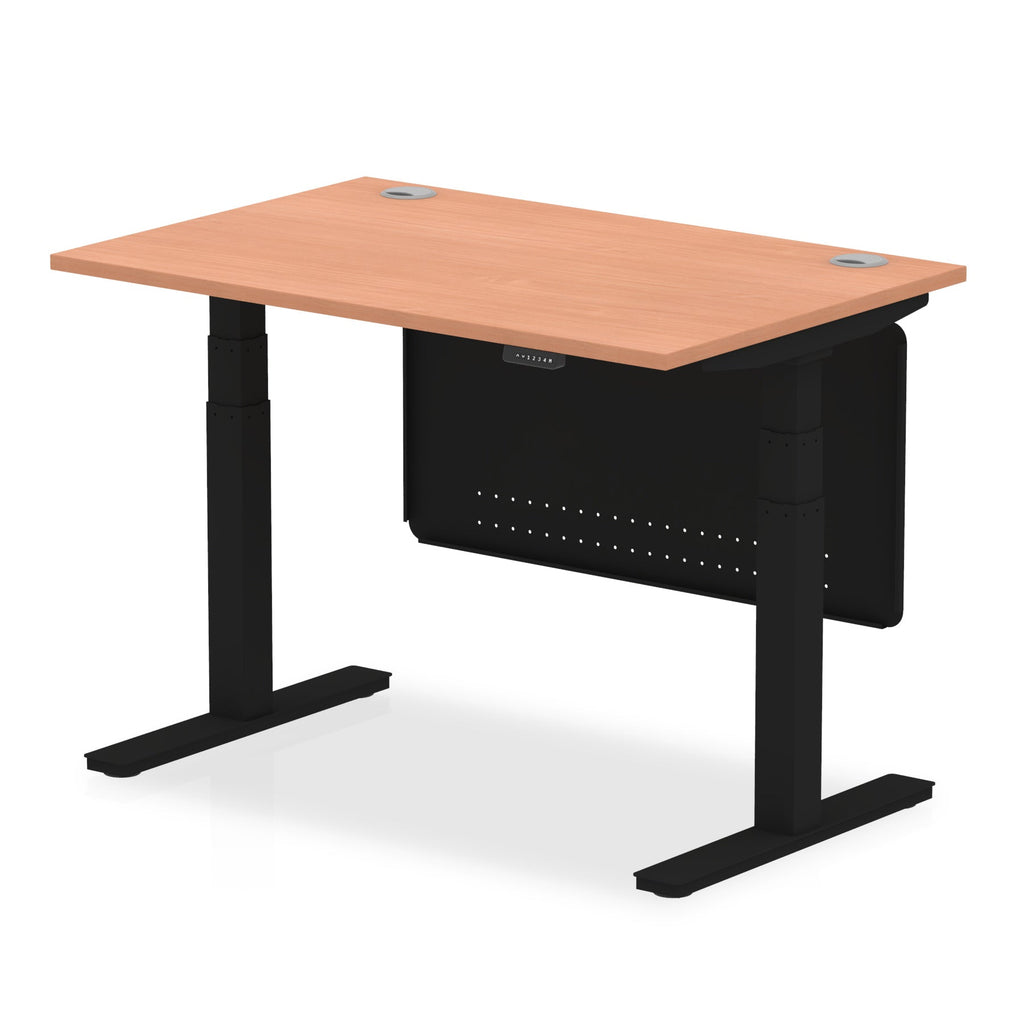 Adjustable height desk with wood-effect top and metal legs with modesty panel on a white background