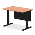 Adjustable height desk with wood-effect top and metal legs with modesty panel on a white background