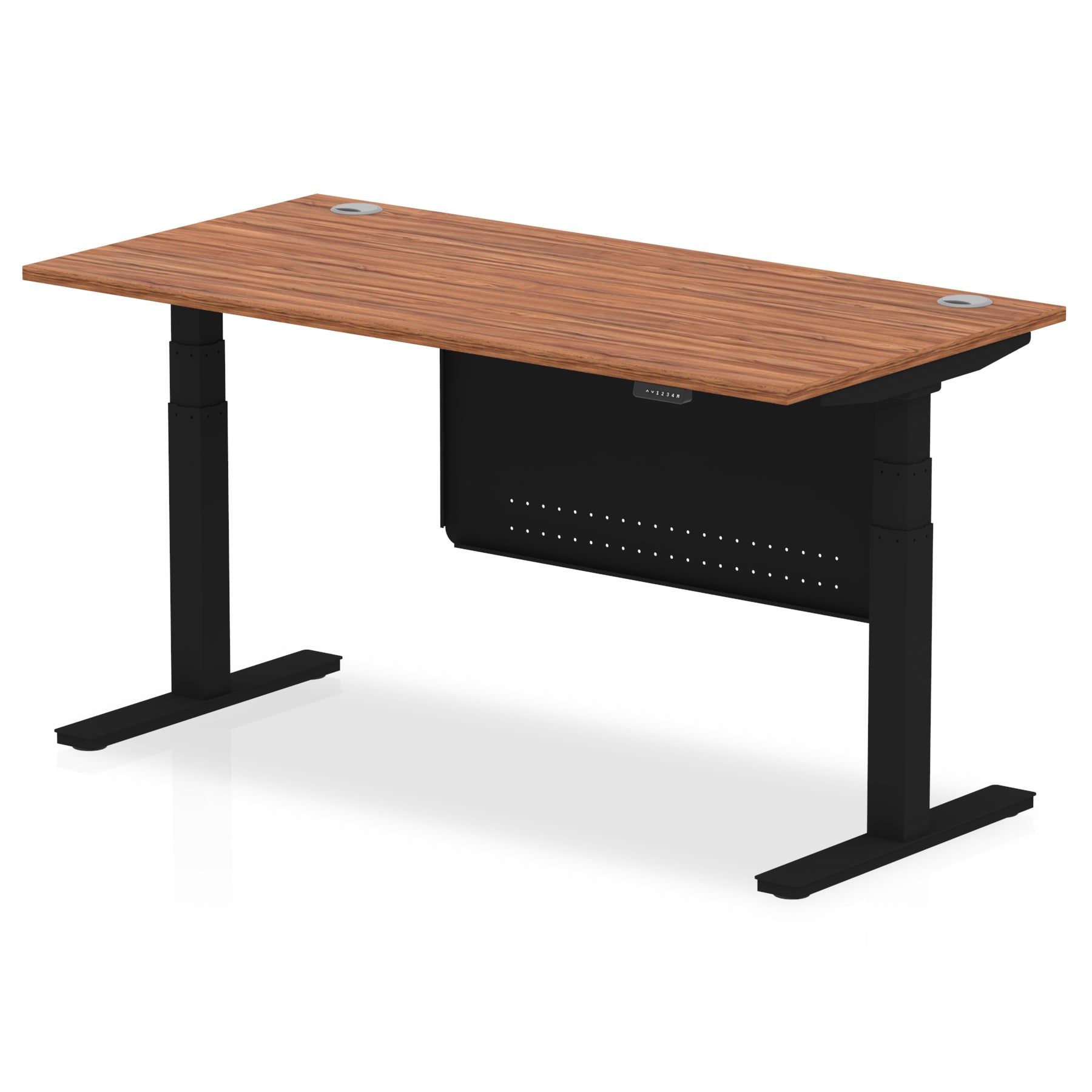 Adjustable height desk with wood-effect top and metal legs with modesty panel on a white background