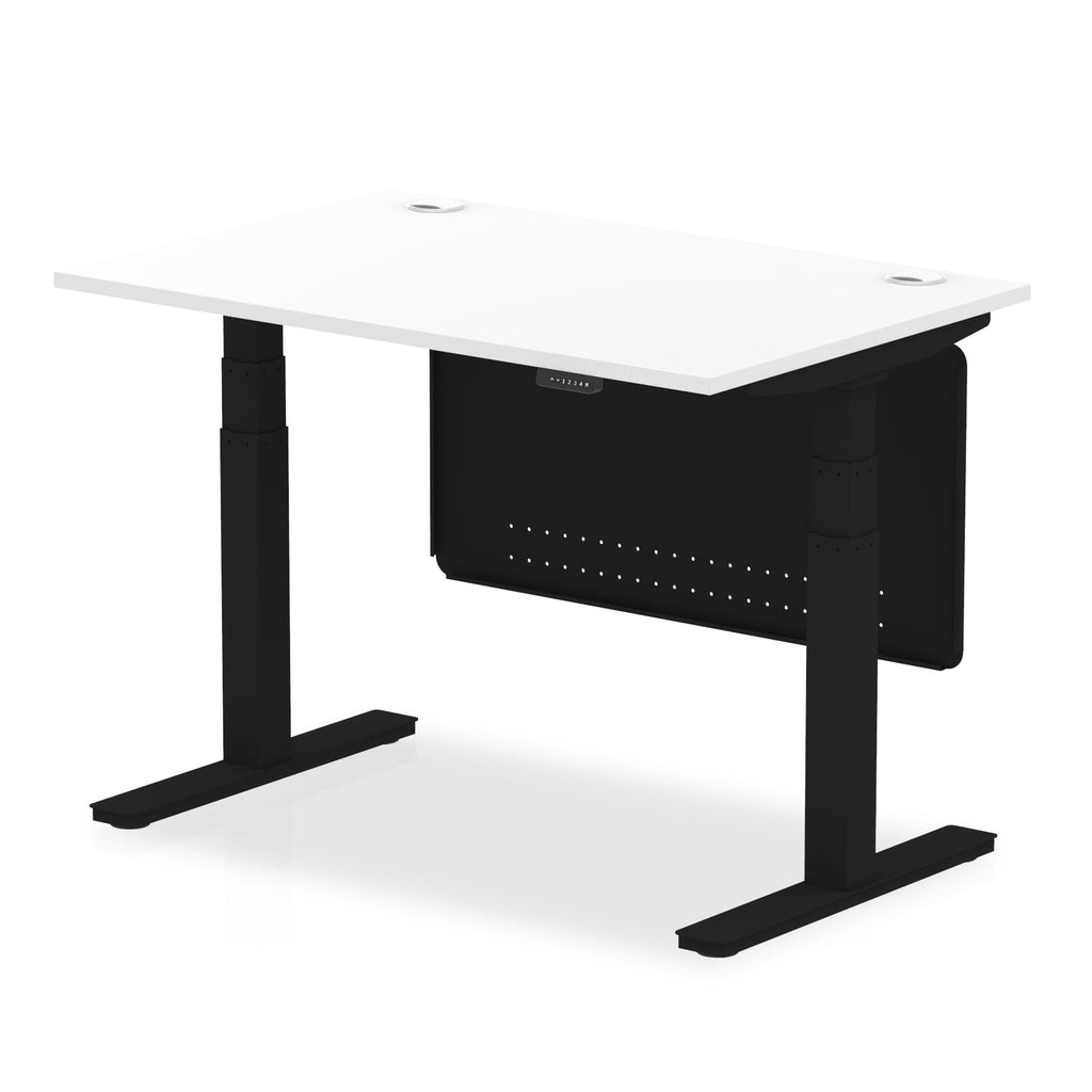 Adjustable height desk with white top and metal legs with modesty panel on a white background