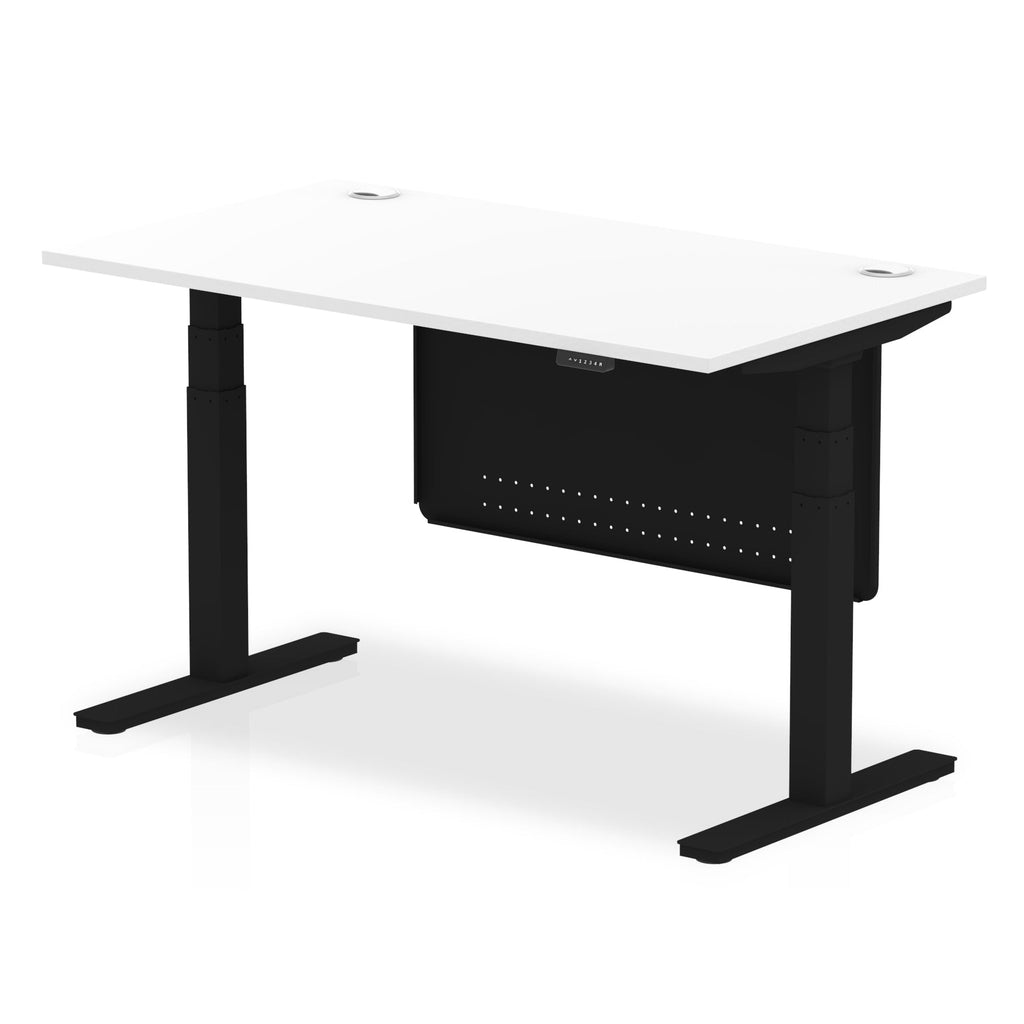 Adjustable height desk with white top and metal legs with modesty panel on a white background