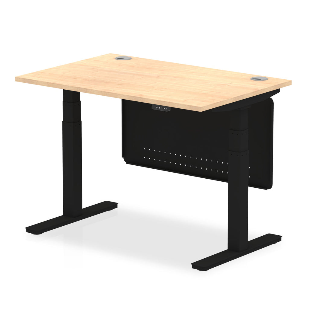Adjustable height desk with wood-effect top and metal legs with modesty panel on a white background