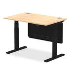 Adjustable height desk with wood-effect top and metal legs with modesty panel on a white background